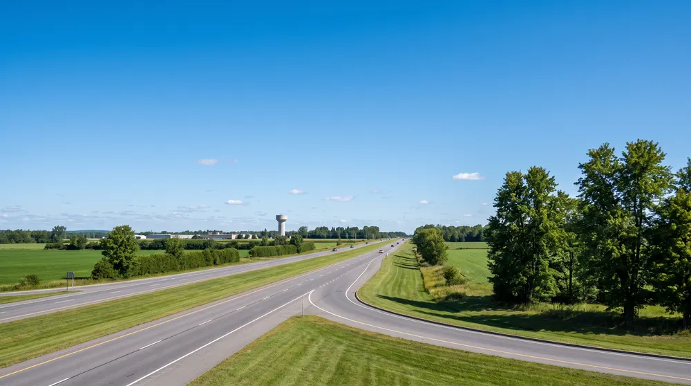Divided highway with an on-ramp between green fields