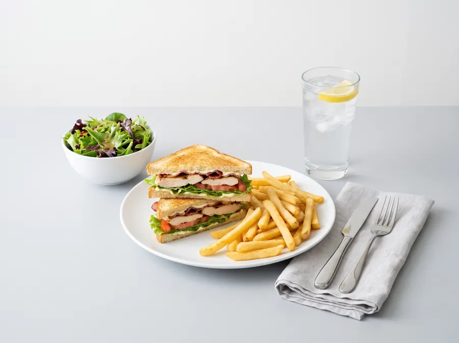 Club sandwich, fries and salad on a grey table